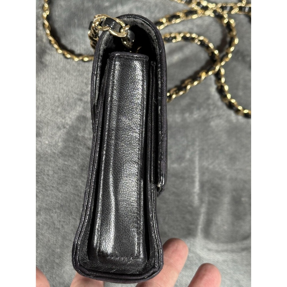 Vintage I Magnin Crossbody Bag Womens Small Black Quilted Leather Chain Strap - Picture 6 of 14